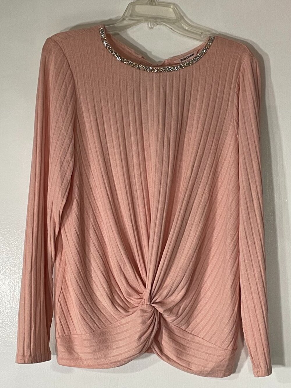 Juicy Couture Women’s Pink Sweater Large, Beaded Trim Tie Back Knot Waist
